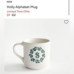 Pottery Barn Holly Alphabet 4 Mugs Letter S NWT / Christmas / Holiday